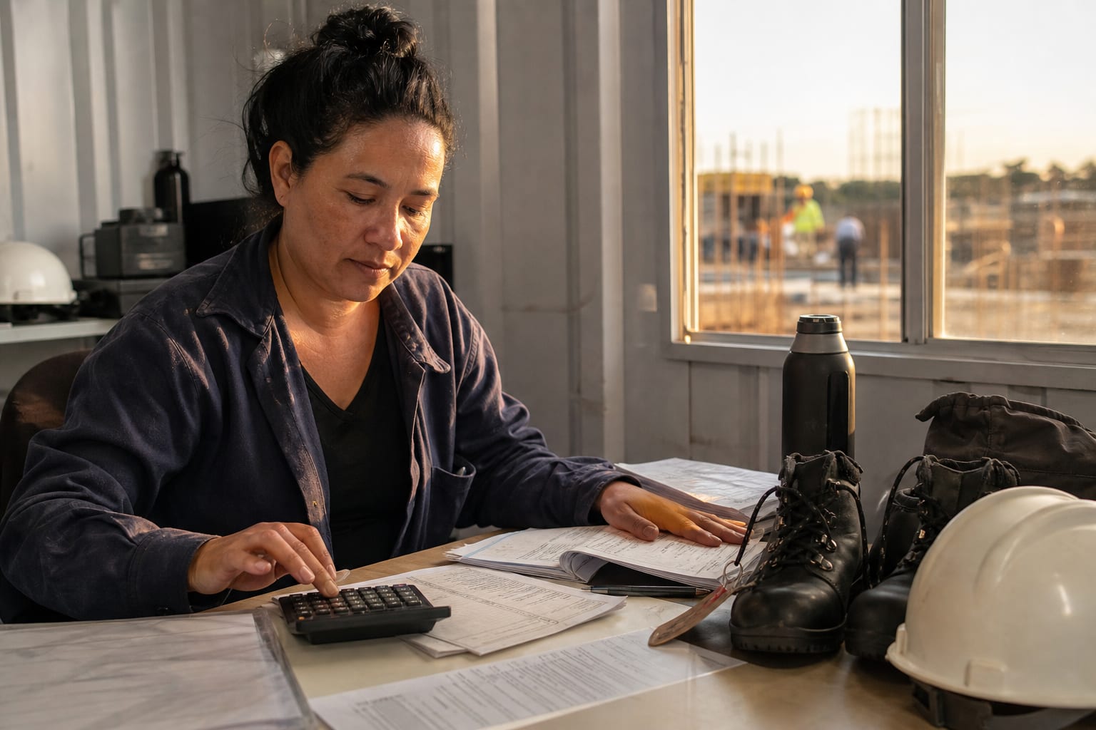 Mãos de gestora usando calculadora sobre mesa com notas fiscais, botas de segurança novas e capacete usado