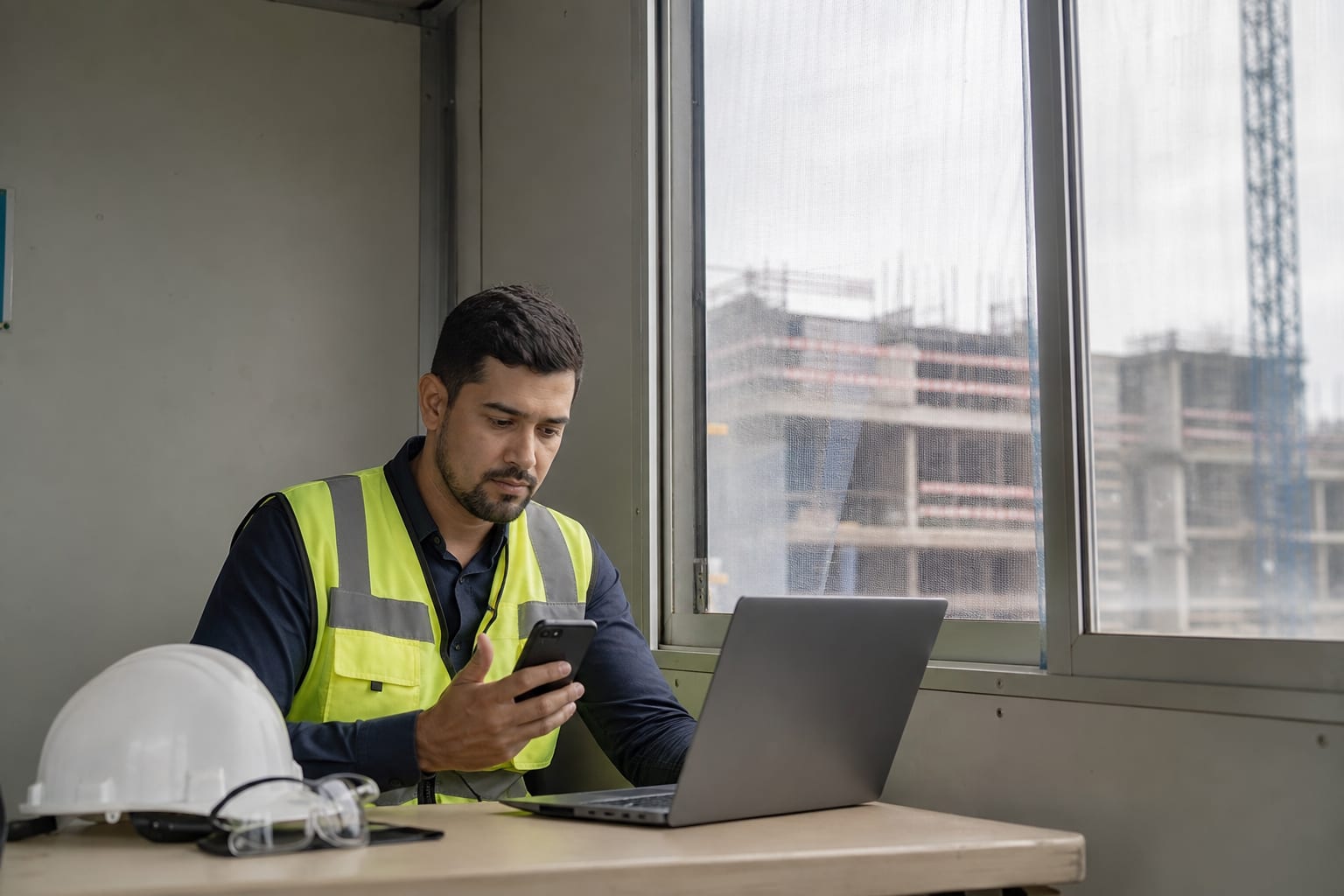 Técnico de segurança trabalha com notebook e celular em container de obra, com capacete e óculos sobre a mesa